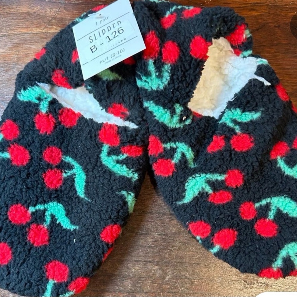 2 for $8 Cozy Auden Black Slippers with Red and Green Cherry Design
